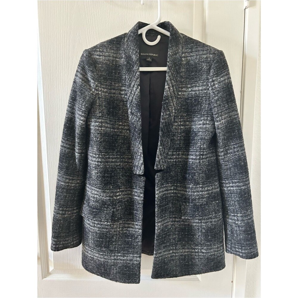Banana Republic Womens Gray Black Plaid Wool Blazer Size 6 Quiet Luxury Academia